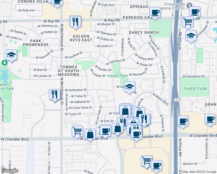 map of restaurants, bars, coffee shops, grocery stores, and more near 515 North Criss Street in Chandler
