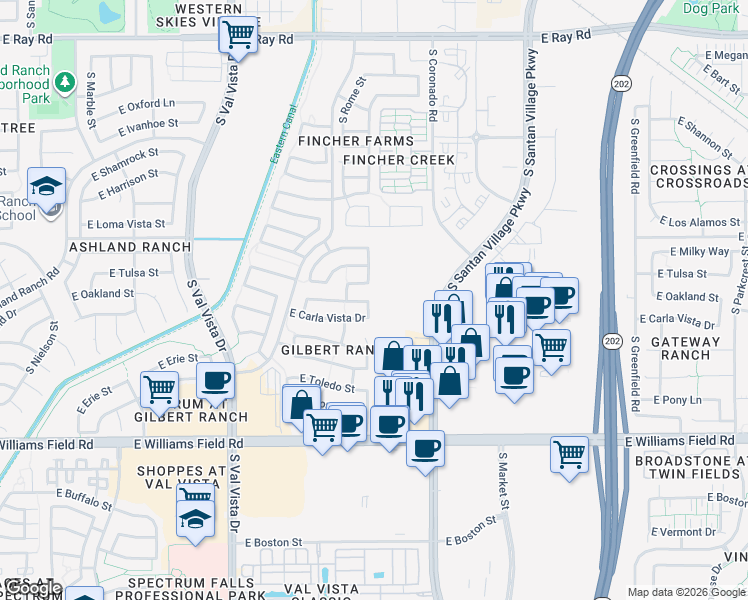 map of restaurants, bars, coffee shops, grocery stores, and more near 1858 East Oakland Street in Gilbert