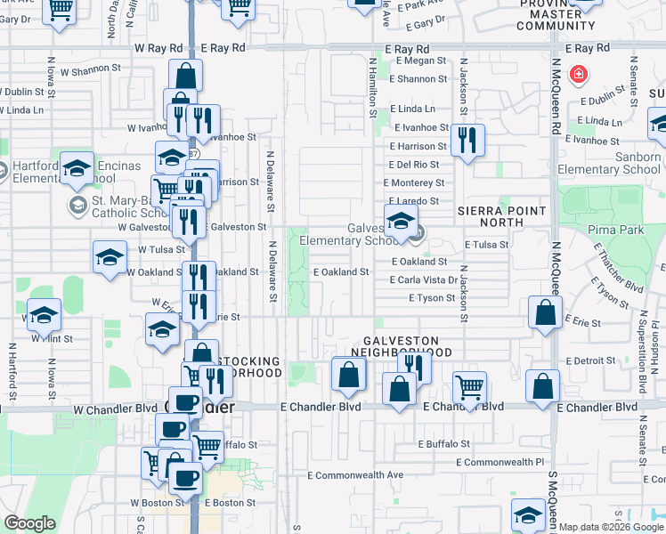 map of restaurants, bars, coffee shops, grocery stores, and more near 413 East Tulsa Street in Chandler