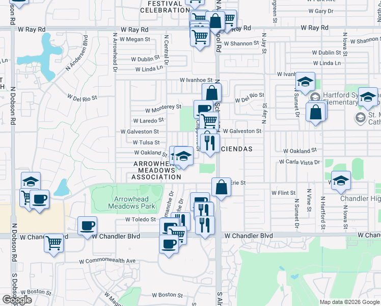 map of restaurants, bars, coffee shops, grocery stores, and more near 524 North Chippewa Drive in Chandler