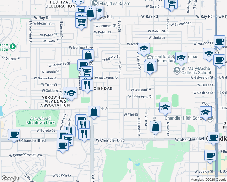 map of restaurants, bars, coffee shops, grocery stores, and more near 890 West Oakland Street in Chandler
