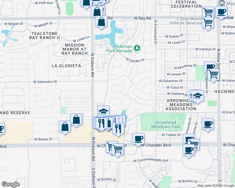 map of restaurants, bars, coffee shops, grocery stores, and more near 1733 West Tulsa Street in Chandler