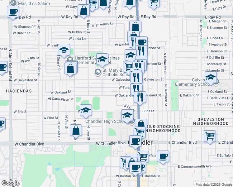 map of restaurants, bars, coffee shops, grocery stores, and more near 112 West Oakland Street in Chandler