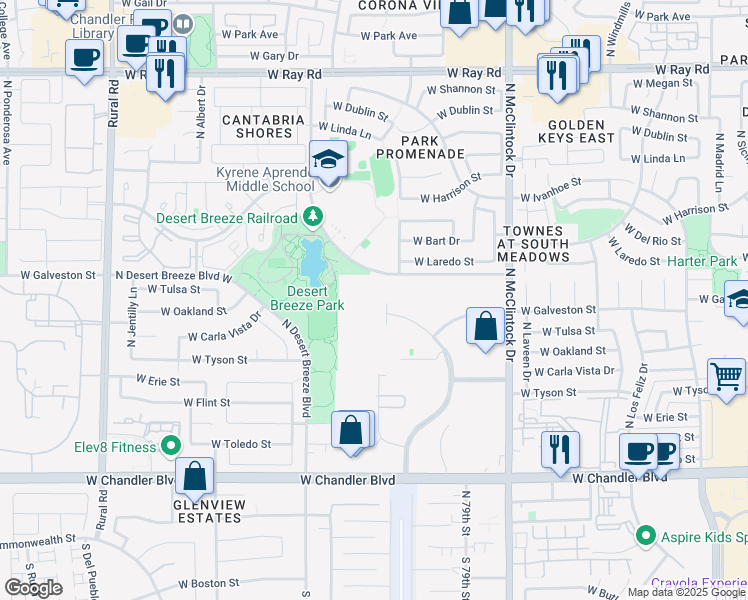 map of restaurants, bars, coffee shops, grocery stores, and more near 585 North Juniper Drive in Chandler