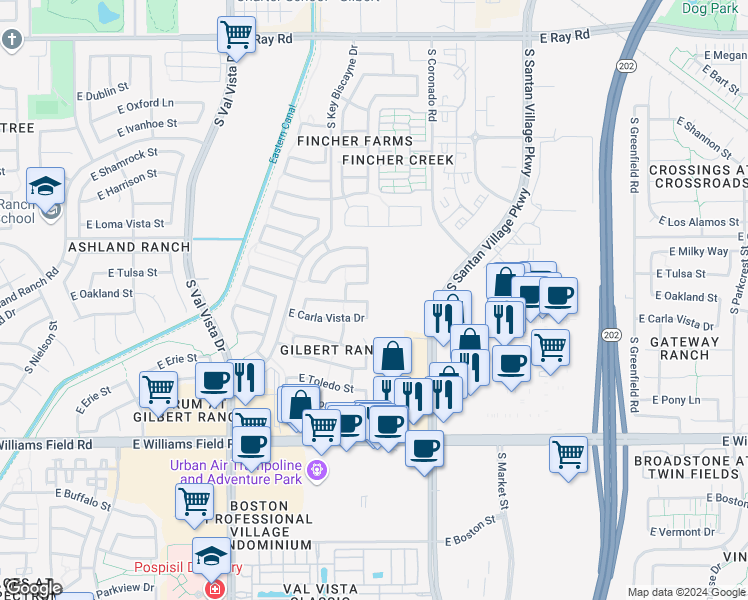 map of restaurants, bars, coffee shops, grocery stores, and more near 1858 East Oakland Street in Gilbert