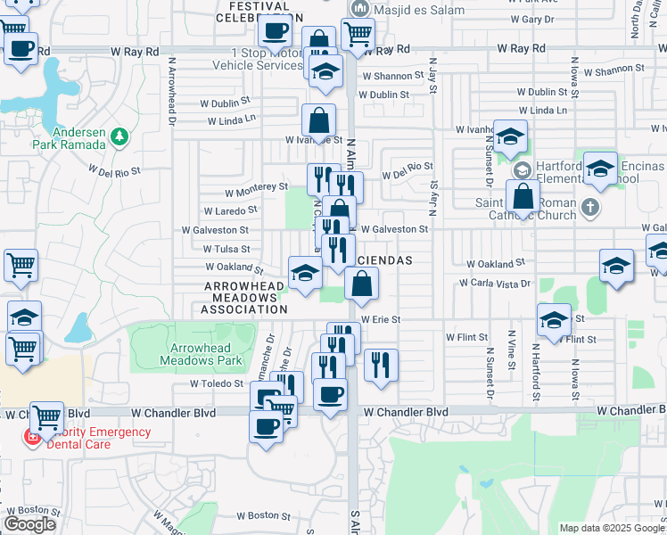 map of restaurants, bars, coffee shops, grocery stores, and more near 590 North Alma School Road in Chandler