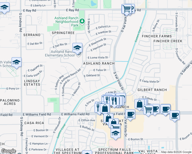 map of restaurants, bars, coffee shops, grocery stores, and more near 1431 East Oakland Street in Gilbert
