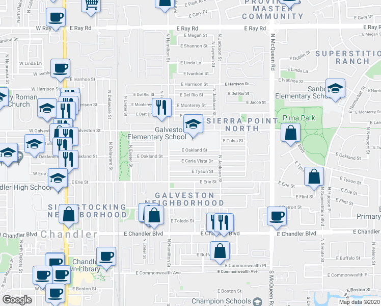map of restaurants, bars, coffee shops, grocery stores, and more near 685 East Oakland Street in Chandler