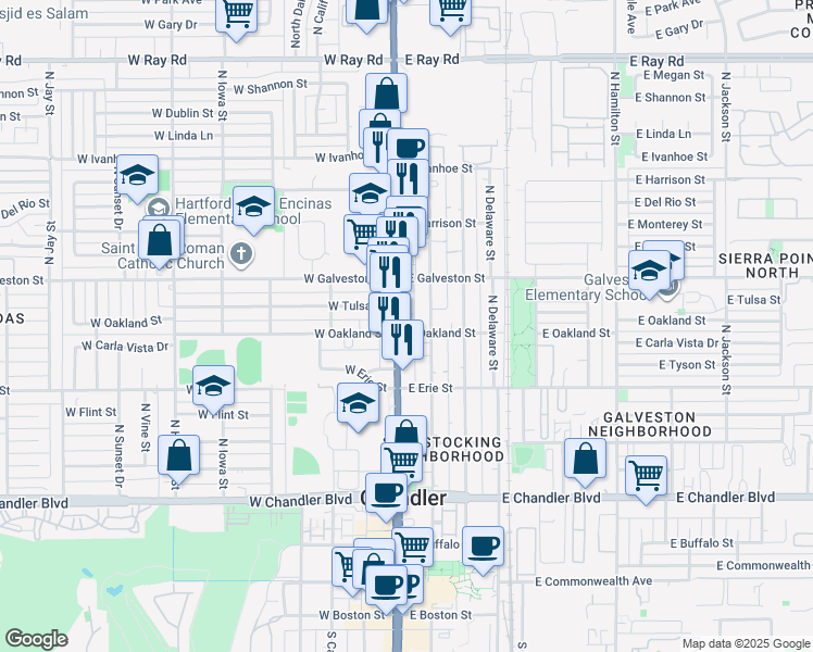 map of restaurants, bars, coffee shops, grocery stores, and more near 518 Arizona 87 in Chandler