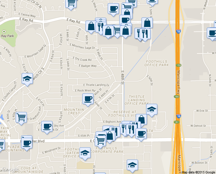 map of restaurants, bars, coffee shops, grocery stores, and more near 4623 E Thistle Landing Dr in Phoenix