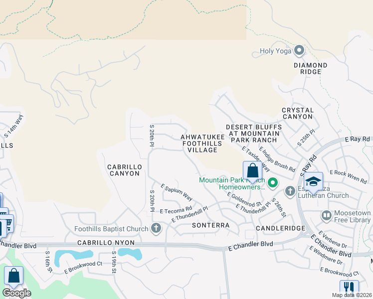 map of restaurants, bars, coffee shops, grocery stores, and more near 14813 South Foxtail Lane in Phoenix