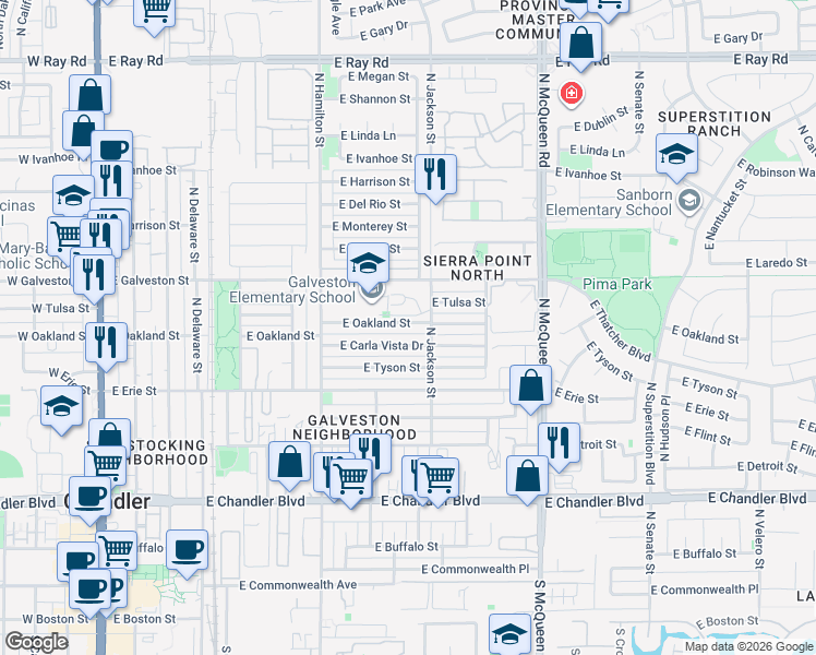 map of restaurants, bars, coffee shops, grocery stores, and more near 763 East Oakland Street in Chandler