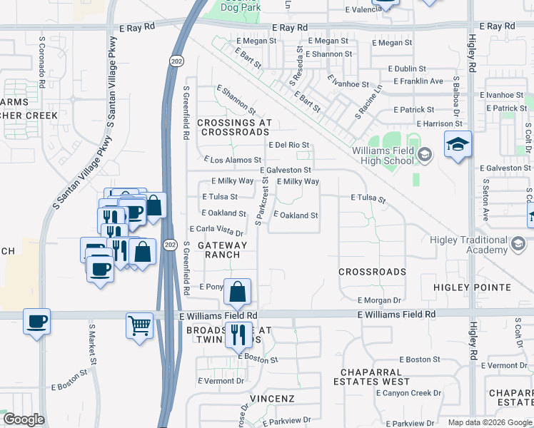 map of restaurants, bars, coffee shops, grocery stores, and more near 2124 South Stuart Avenue in Gilbert
