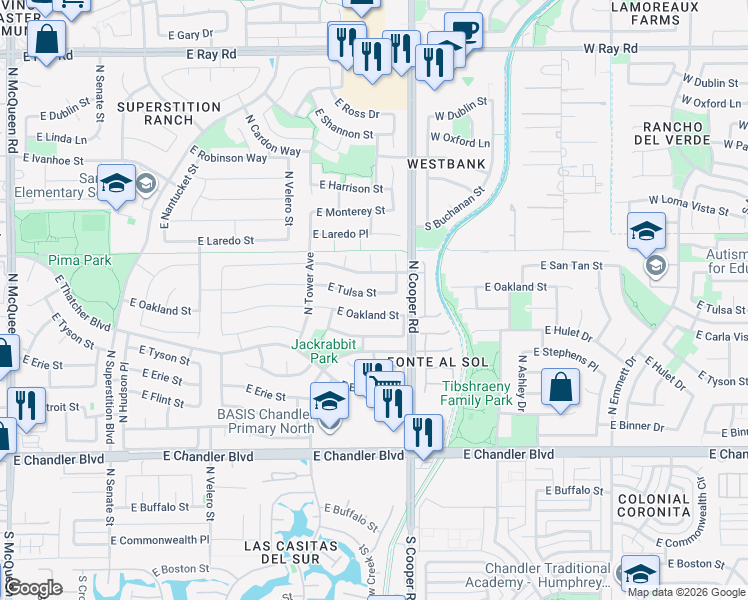 map of restaurants, bars, coffee shops, grocery stores, and more near 1891 East Tulsa Street in Chandler