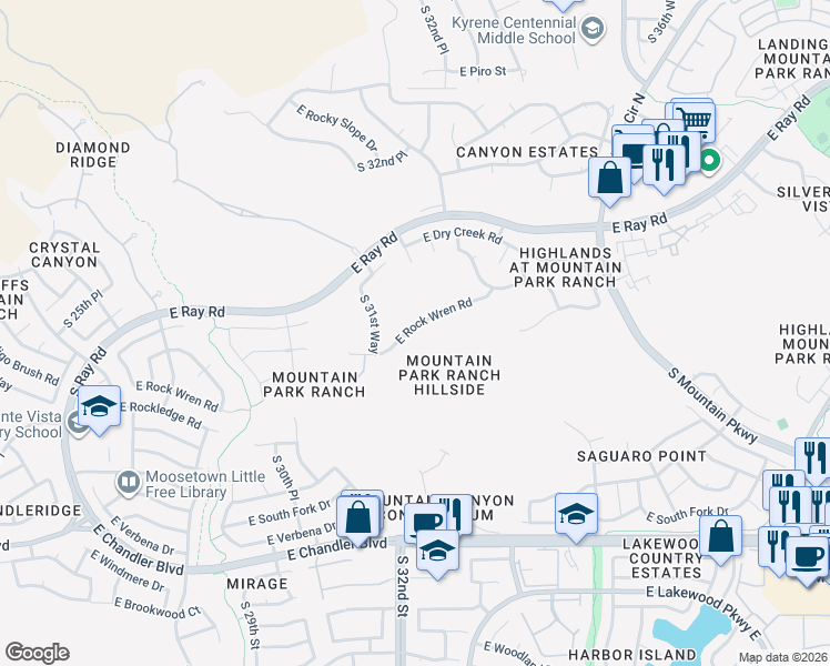 map of restaurants, bars, coffee shops, grocery stores, and more near 3205 East Rock Wren Road in Phoenix