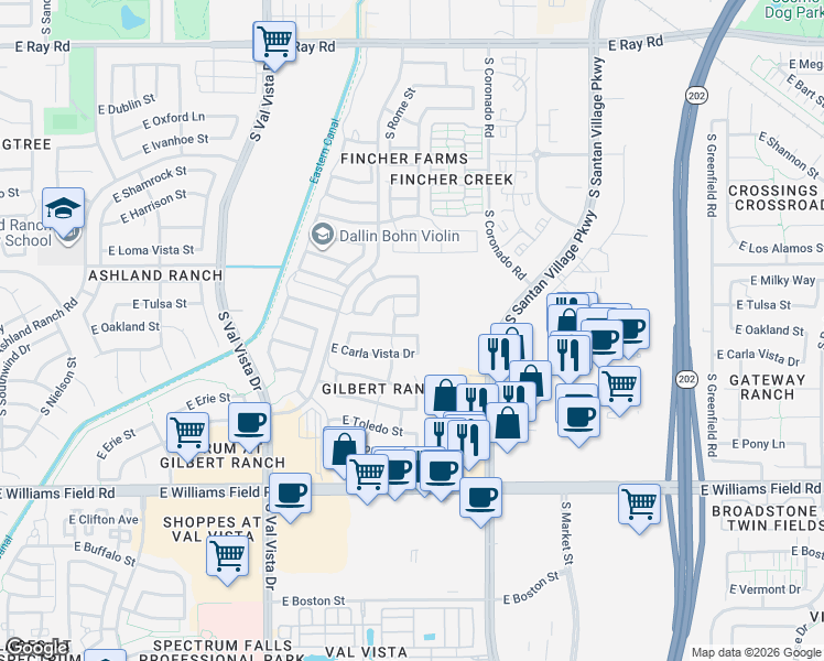 map of restaurants, bars, coffee shops, grocery stores, and more near 1858 East Oakland Street in Gilbert