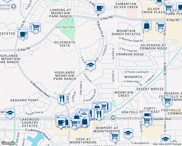 map of restaurants, bars, coffee shops, grocery stores, and more near 14841 South 41st Place in Phoenix