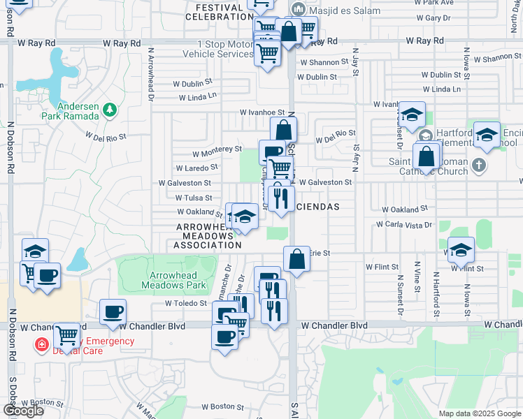 map of restaurants, bars, coffee shops, grocery stores, and more near 524 North Chippewa Drive in Chandler