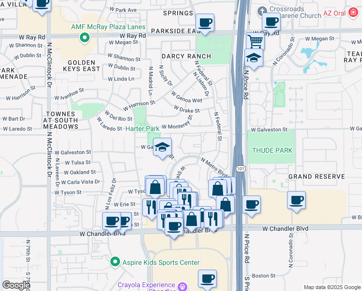 map of restaurants, bars, coffee shops, grocery stores, and more near 500 North Metro Boulevard in Chandler