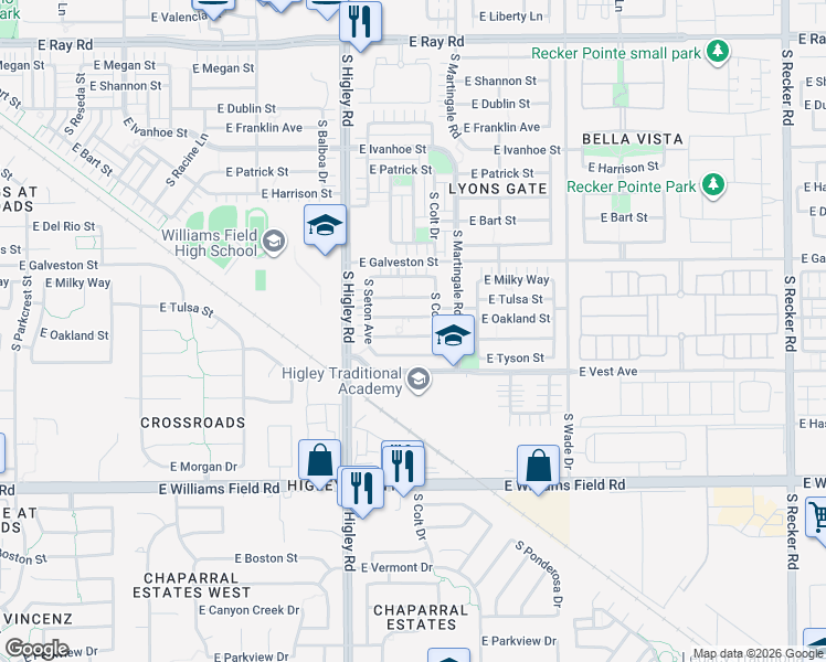 map of restaurants, bars, coffee shops, grocery stores, and more near 3316 East Carla Vista Drive in Gilbert