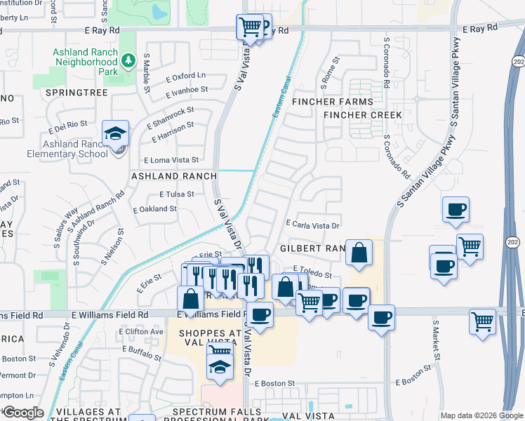 map of restaurants, bars, coffee shops, grocery stores, and more near 1653 East Oakland Street in Gilbert