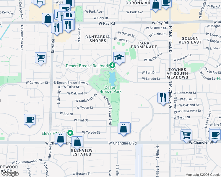 map of restaurants, bars, coffee shops, grocery stores, and more near 660 North Desert Breeze Boulevard East in Chandler