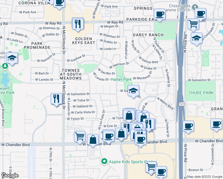 map of restaurants, bars, coffee shops, grocery stores, and more near 515 North Criss Street in Chandler