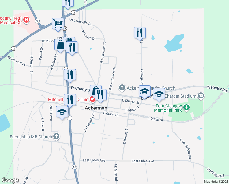 map of restaurants, bars, coffee shops, grocery stores, and more near 143 East Cherry Street in Ackerman