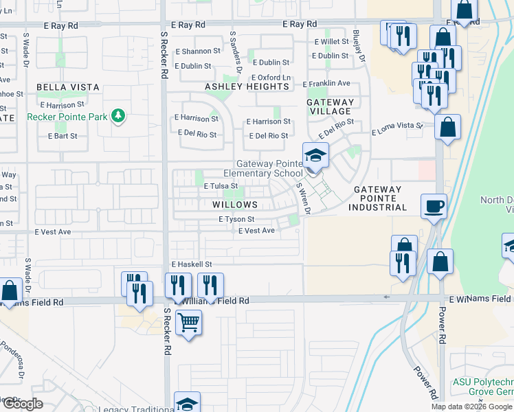 map of restaurants, bars, coffee shops, grocery stores, and more near 4292 East Carla Vista Drive in Gilbert