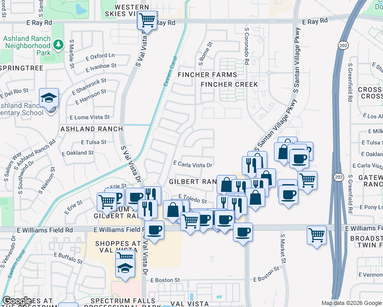 map of restaurants, bars, coffee shops, grocery stores, and more near 1788 East Oakland Street in Gilbert