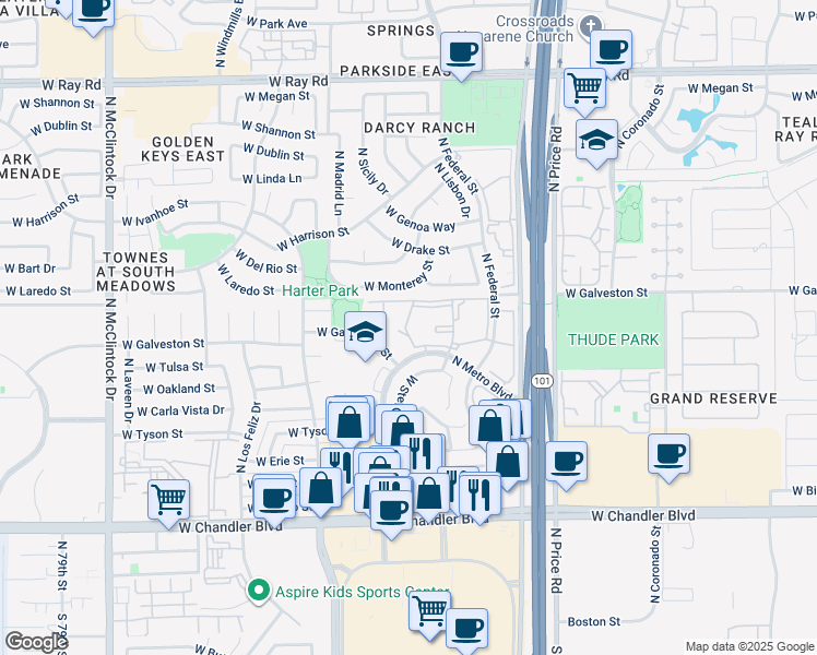 map of restaurants, bars, coffee shops, grocery stores, and more near 500 North Metro Boulevard in Chandler