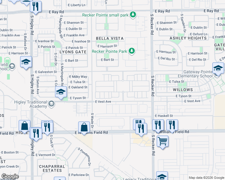 map of restaurants, bars, coffee shops, grocery stores, and more near 3732 East Perkinsville Street in Gilbert