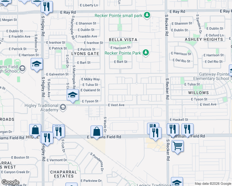 map of restaurants, bars, coffee shops, grocery stores, and more near 3672 East Perkinsville Street in Gilbert