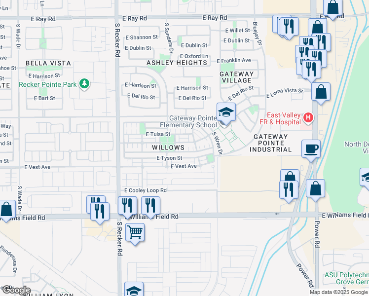 map of restaurants, bars, coffee shops, grocery stores, and more near 4292 East Carla Vista Drive in Gilbert