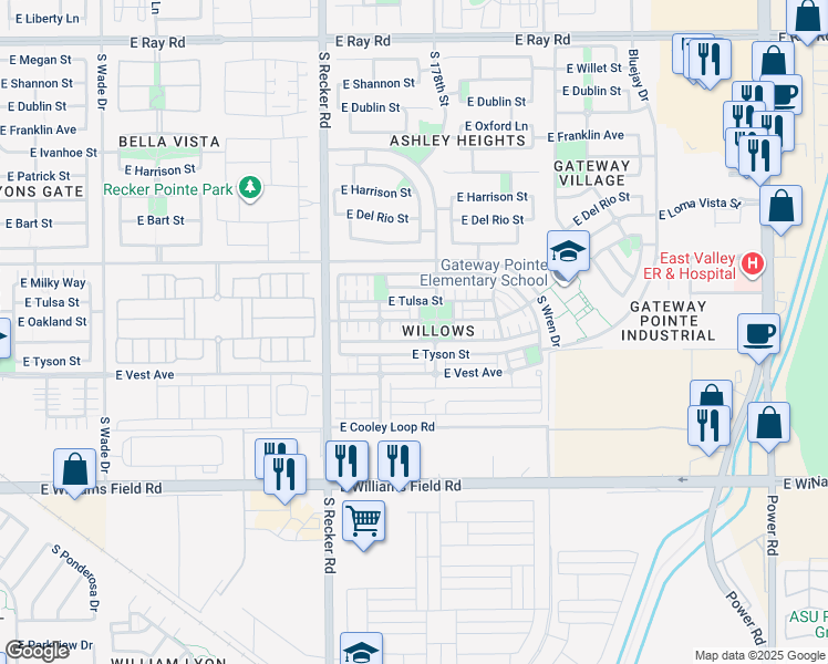 map of restaurants, bars, coffee shops, grocery stores, and more near 4151 East Oakland Street in Gilbert