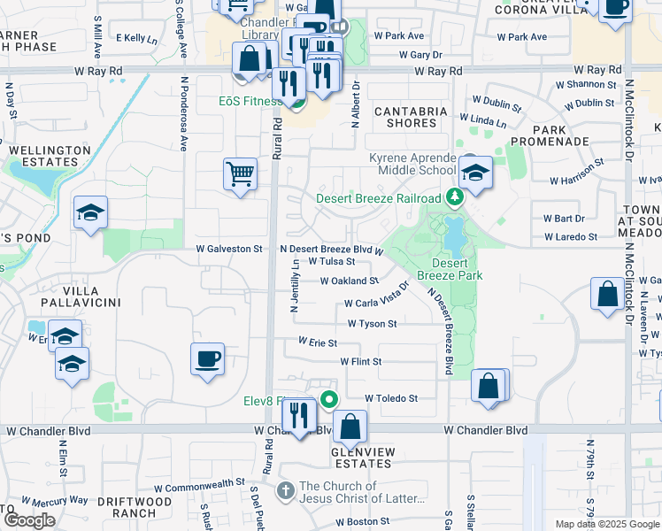 map of restaurants, bars, coffee shops, grocery stores, and more near 4789 West Tulsa Street in Chandler