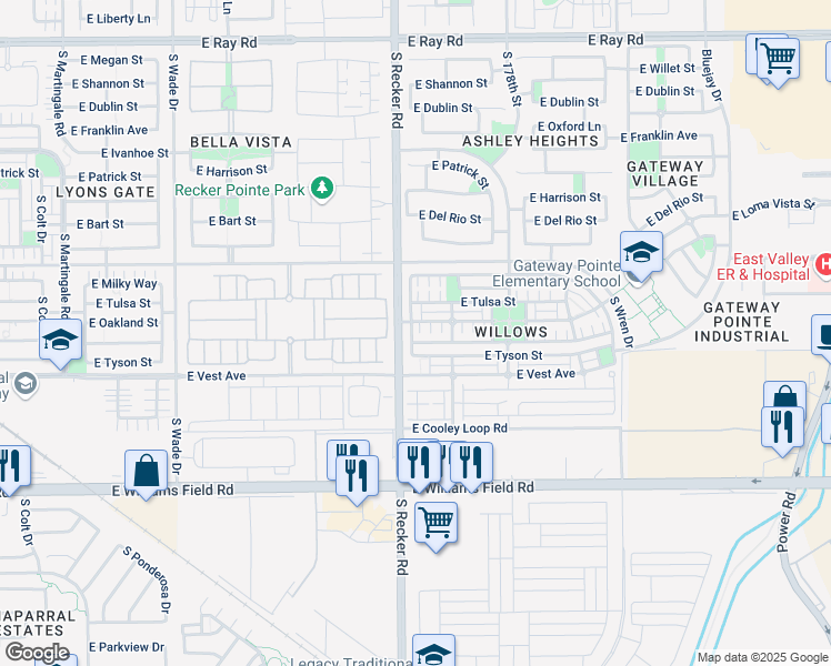 map of restaurants, bars, coffee shops, grocery stores, and more near 4031 South Olympic Drive in Gilbert