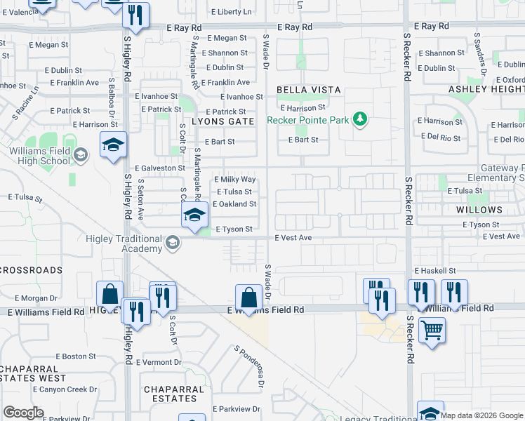 map of restaurants, bars, coffee shops, grocery stores, and more near 2124 South Nancy Lane in Gilbert