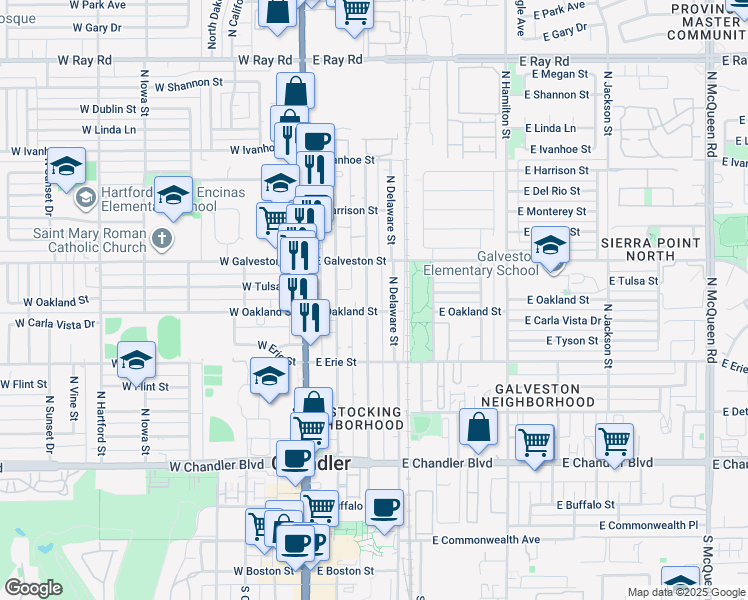 map of restaurants, bars, coffee shops, grocery stores, and more near 519 North Colorado Street in Chandler