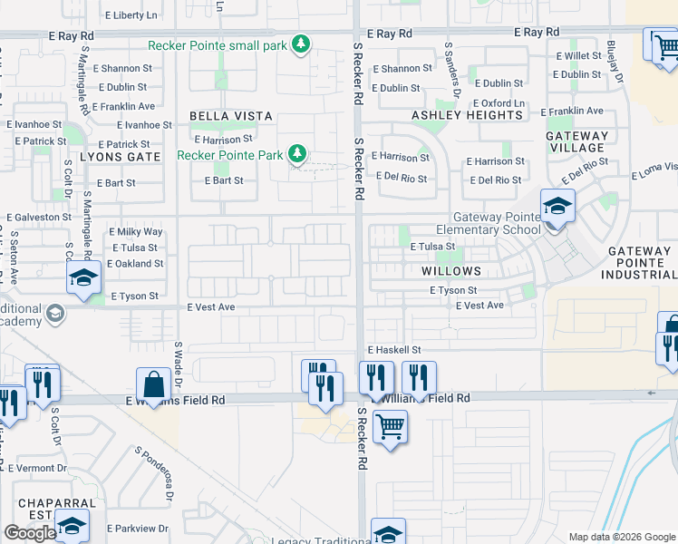 map of restaurants, bars, coffee shops, grocery stores, and more near 3944 East Perkinsville Street in Gilbert