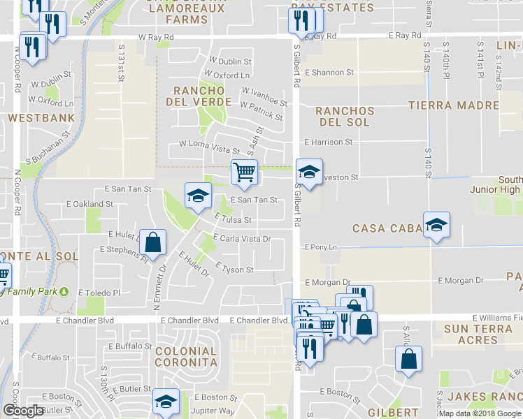 map of restaurants, bars, coffee shops, grocery stores, and more near 553 North Bell Drive in Chandler