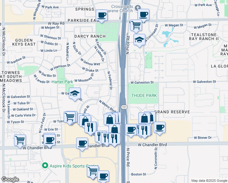 map of restaurants, bars, coffee shops, grocery stores, and more near 555 North Federal Street in Chandler