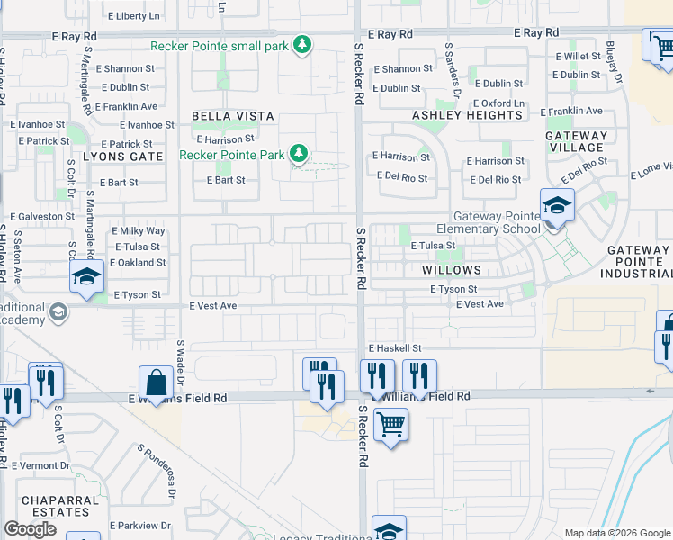 map of restaurants, bars, coffee shops, grocery stores, and more near 3944 East Perkinsville Street in Gilbert