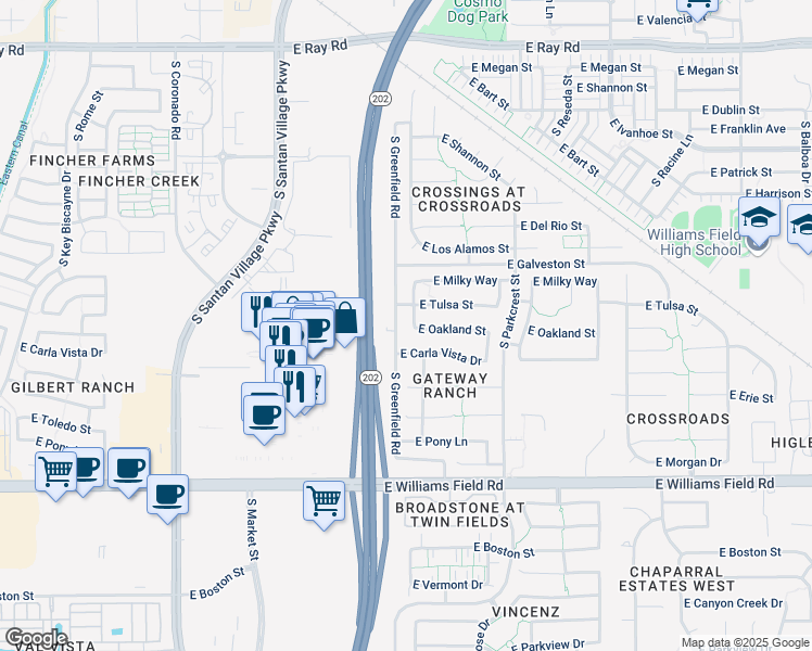 map of restaurants, bars, coffee shops, grocery stores, and more near 2100 South Portland Avenue in Gilbert