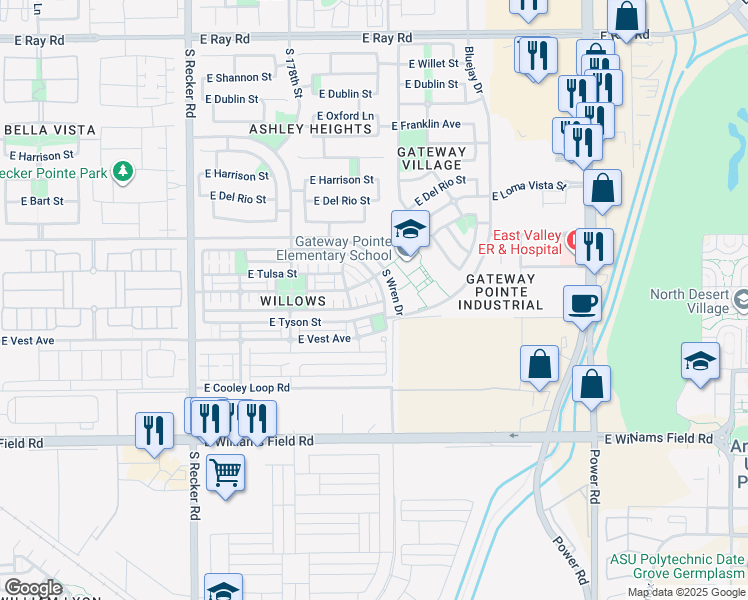 map of restaurants, bars, coffee shops, grocery stores, and more near 4360 East Carla Vista Drive in Gilbert