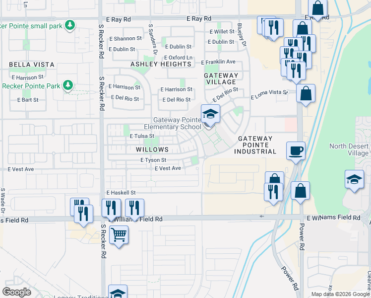 map of restaurants, bars, coffee shops, grocery stores, and more near 4360 East Carla Vista Drive in Gilbert