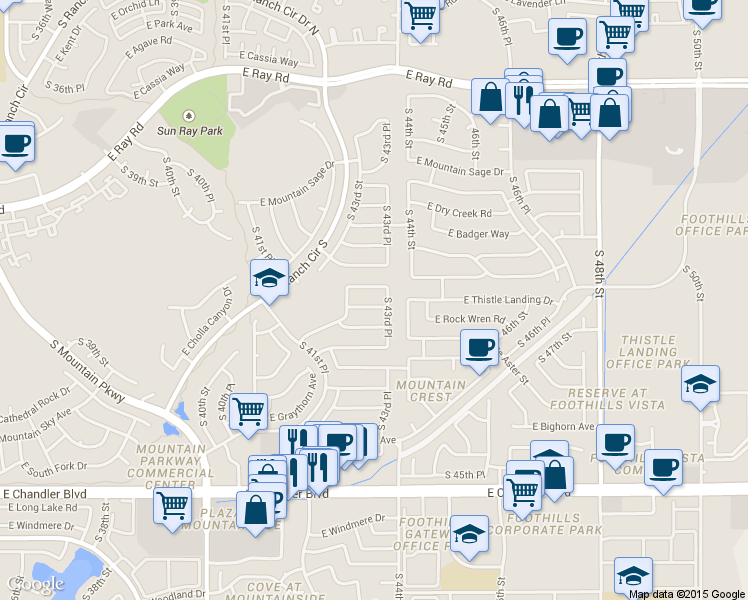 map of restaurants, bars, coffee shops, grocery stores, and more near 4308 East Rock Wren Road in Phoenix