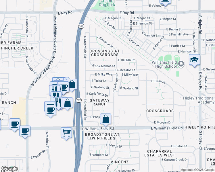 map of restaurants, bars, coffee shops, grocery stores, and more near 2524 East Oakland Street in Gilbert