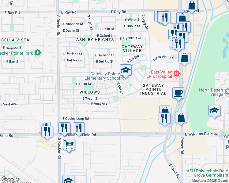 map of restaurants, bars, coffee shops, grocery stores, and more near 4360 East Carla Vista Drive in Gilbert