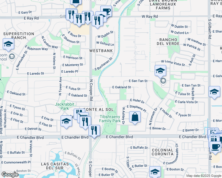 map of restaurants, bars, coffee shops, grocery stores, and more near 2125 East Oakland Street in Chandler